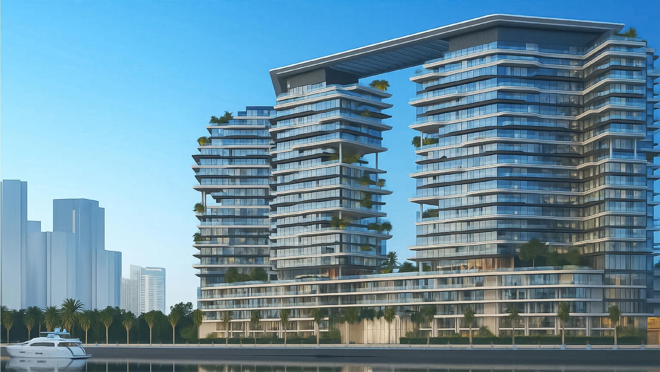 Daytime view of Seamount residence from Reem Island promenade with waterfront backdrop